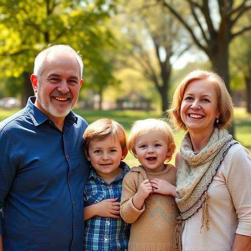 A candid family portrait capturing a joyful moment between parents and their children in a park.