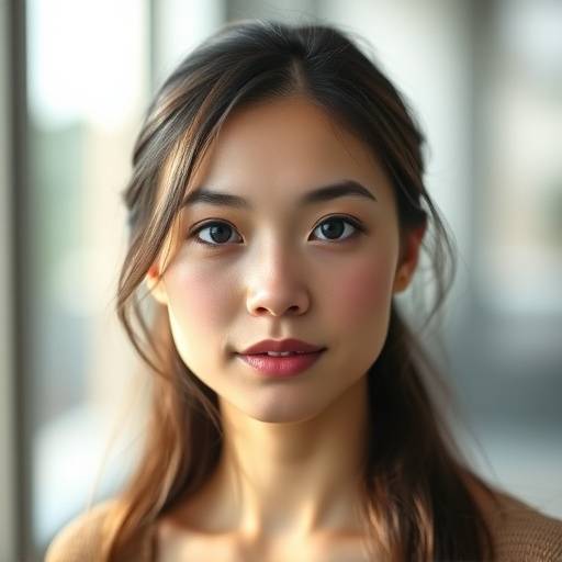 A portrait photograph featuring soft, natural lighting on a model with a blurred background.