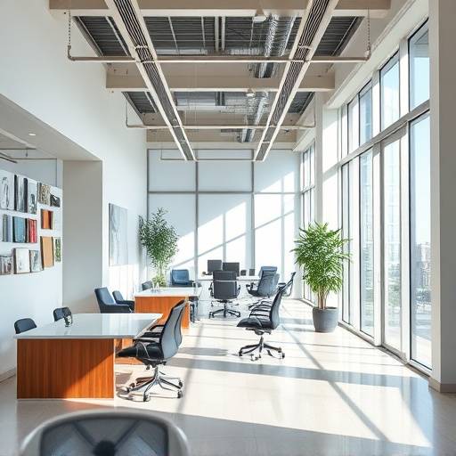 A professionally staged photograph of a modern office space, showcasing the architecture and design.