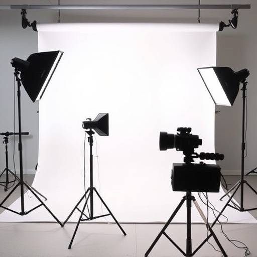 A studio setup showcasing professional lighting equipment and a seamless backdrop ready for a photoshoot.