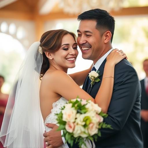 Candid photograph of a bride and groom sharing a joyful moment during their wedding.