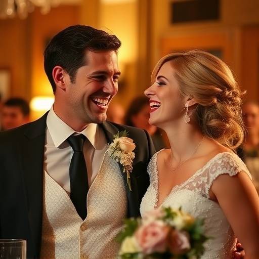 Candid shot of a bride and groom laughing during their wedding reception.