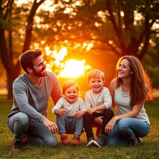 Family of four posing happily in a park setting during golden hour.