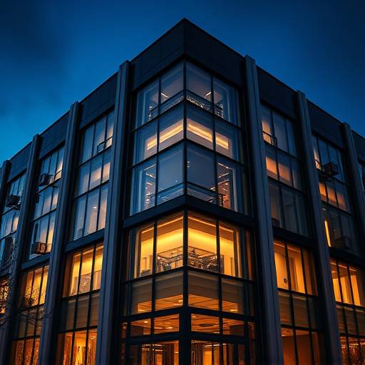 Modern building facade with sharp lines and dramatic lighting.