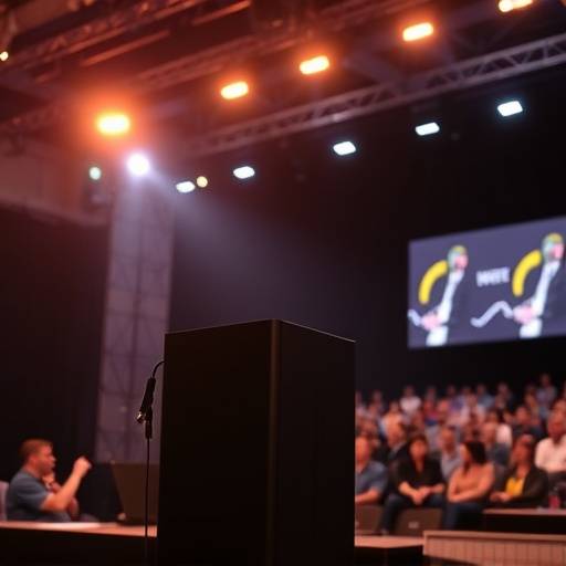Photographer capturing a speaker on stage at a business conference.